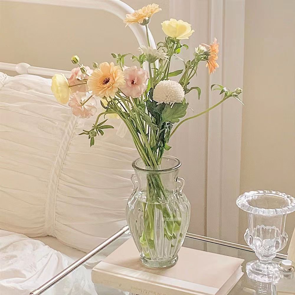 Barra vertical de doble oreja decoración de jarrón de vidrio transparente estilo ins flor seca al por mayor florero de vidrio de rábano verde al por mayor