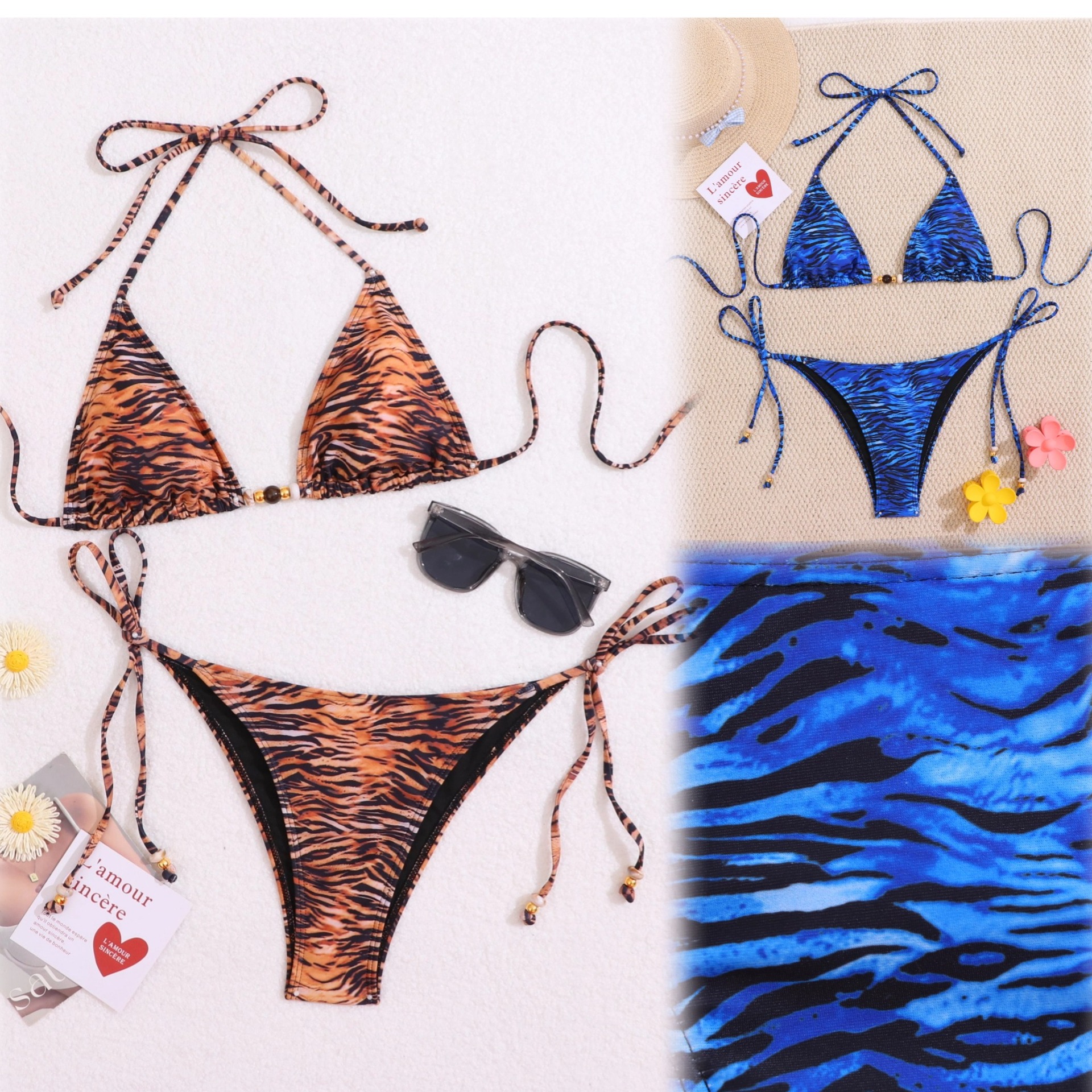 European and American Leopard Print Bikini Swimsuit European Size Three-Point Bikini Lace-Up Export Stripesd Split Swimsuit for Women