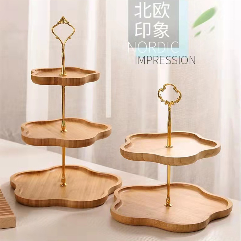 北欧水果托盘下午茶 实木竹制双层三层点心托盘酒店点心架甜品台