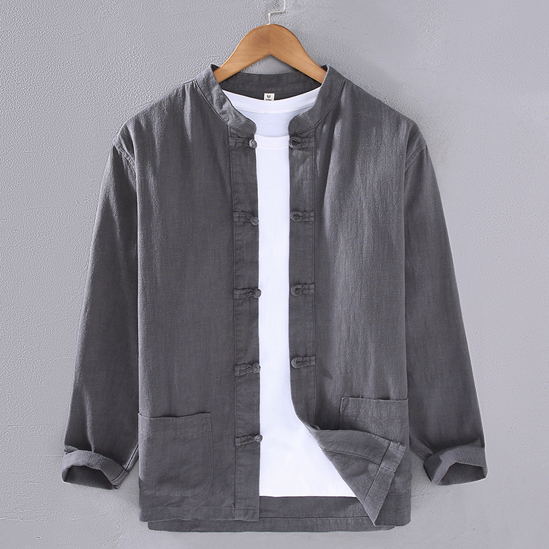 Tang Dynasty Men's Chinese Style Cotton And Linen Long Sleeved Chinese Style Button Up Shirt Zen Meditation Tea Suit Tai Chi Suit Han Suit_voghion.com
