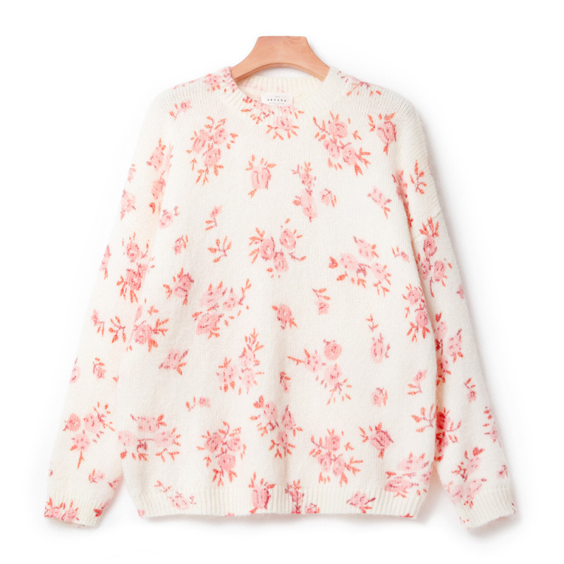 Spring New Sweet Light Pink Floral Print Sweater for Women, Gentle Contrasting Color, Playful and Lazy Sweater