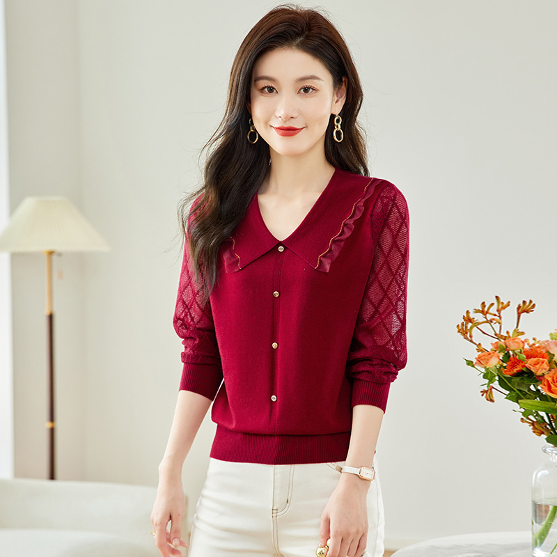 Mulberry Silk Long-Sleeved T-Shirt Women's Doll Collar Spring & Fall Tops 2025 New Thin Lace Inner Knitted Bottoming Shirt