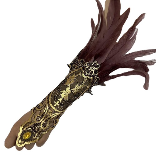 European and American Cross-Border Halloween Feather Bracelet Gothic Style Feather Gloves with Hollow Gold Lace Edge Ribbons Arm Cover