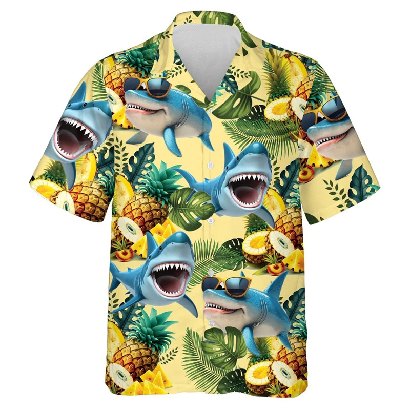 Hip Hop Hawaiian Shark Shirt Men Clothes Funny Animal Graphic Beach Shirts Aloha Surfing