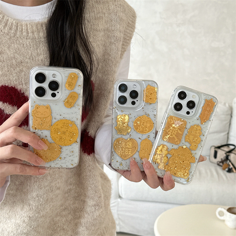 El epoxi transparente estilo ins Lucky Jinbao es adecuado para Apple 16proma festivo iPhone14/15 funda para teléfono móvil 13p