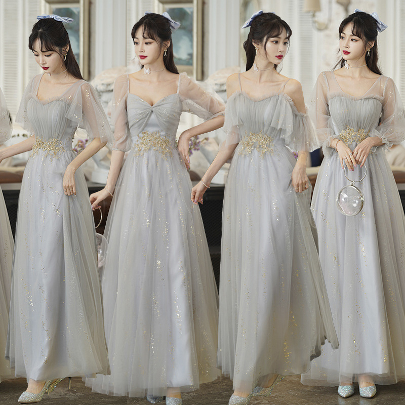 Gray Bridesmaid Dress for Women 2025 New Autum Long Slimming Look and Flesh-Covering Large Size Sister Group Fairy Elegant Evening Dress