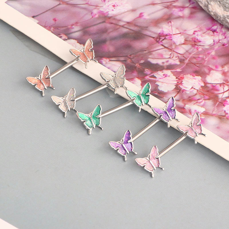 14G Champagne Butterfly Nipple Ring Set Oil Drip Design Stainless Steel Sexy Nipple Jewelry detail image 7