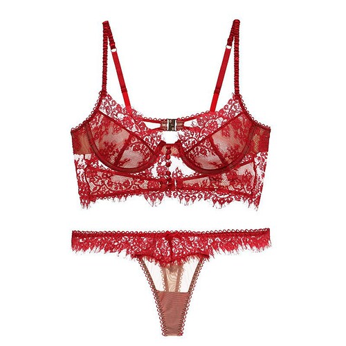 European and American sexy eyelashes lace underwear women's ultra-thin big breasts show small anti-sagging bra straps beautiful back bra set