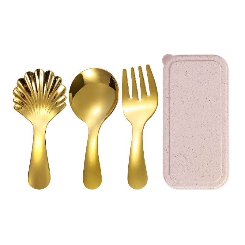 304 de acero inoxidable para niños del bebé cuchara Tenedor cuchara de cabeza redonda cuchara de comer lindo traje portátil vajilla cuchara