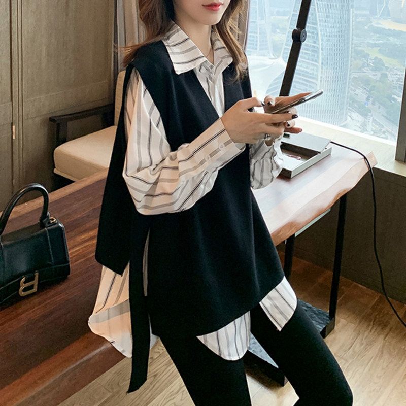 2026 Spring and Autumn New Korean Style Thin Striped Long Sleeve Shirt Top + Vest Two-Piece Set