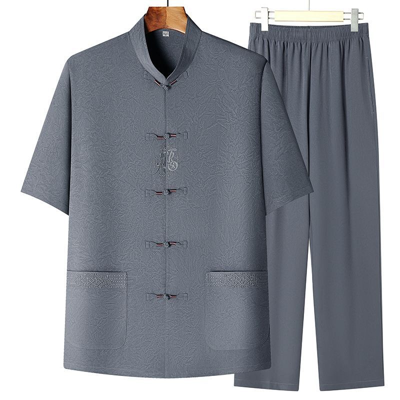 Chinese Style Tang Suit for Middle-Aged and Elderly Summer Set, Dad Outfit, Grandpa Outfit, Morning Exercise Chinese-Style Button, Elegant Solid Color Embroidery