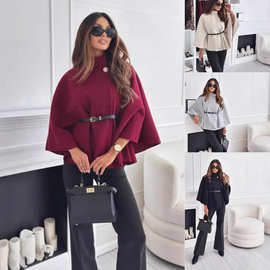 欧美跨境外贸女装亚马逊速卖通新款时尚收腰绑带毛呢斗篷外套女装