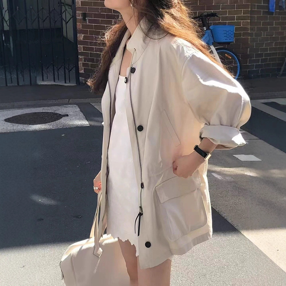 In-Stock Korean-Style Simple Stand Collar Trench Coat for Women 2025 Autumn Loose Ins Pocket Mid-Length Jacket On*E