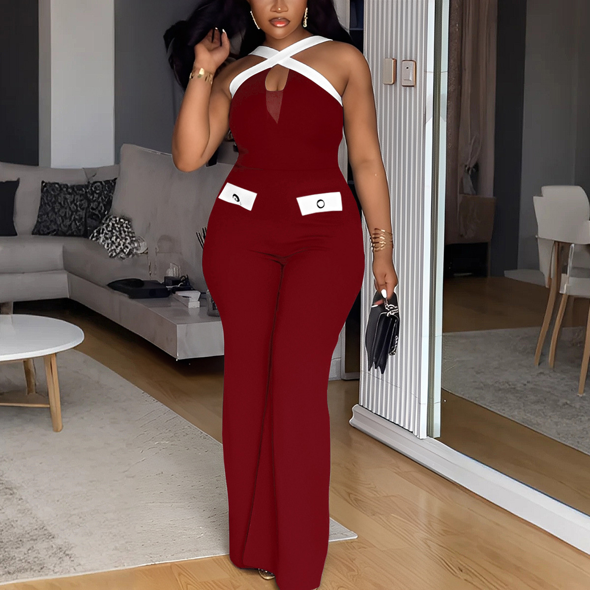 Elegant Women's Colour Block Jumpsuit Slim Fit Wide Leg Strappy_voghion.com