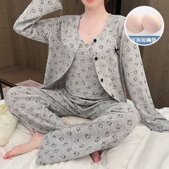 绵羊绒睡衣女秋冬季新款甜美卡通带胸垫长袖三件套装家居服可外穿