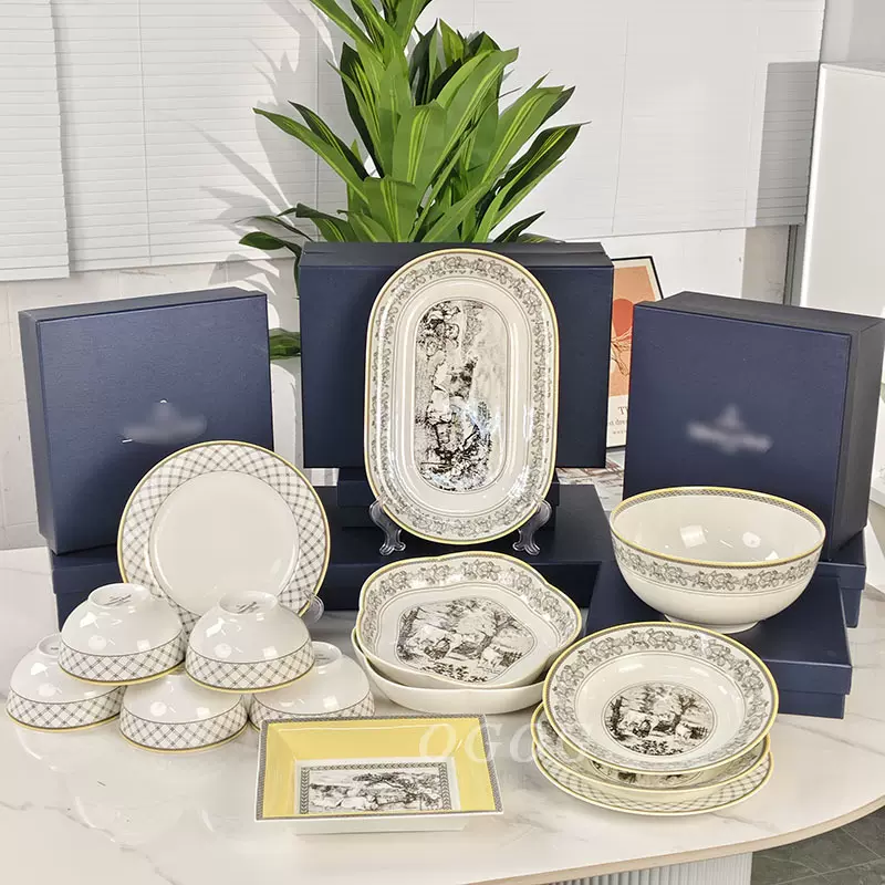 欧格w宝骨瓷餐具套装家用陶瓷碗盘置物盘西餐欧式轻奢礼盒装送礼