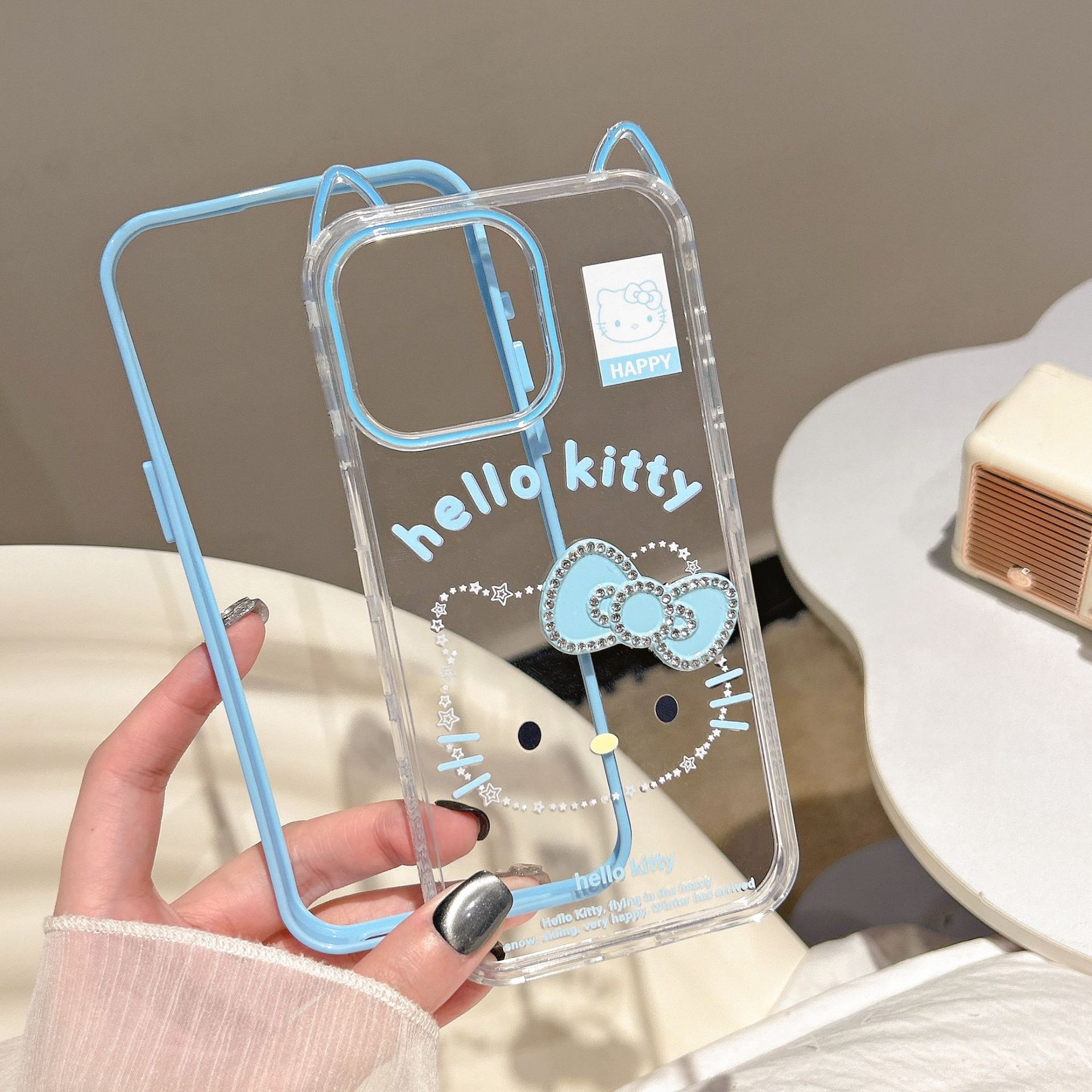 Xiaozhong nuevas orejas de gato KT gato adecuado para Apple Apple 16ProMax funda para teléfono móvil 15Pro azul 14/13 mujer