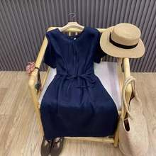 棉麻圆领短袖套头连衣裙系带收腰纯色宽松复古文艺长裙