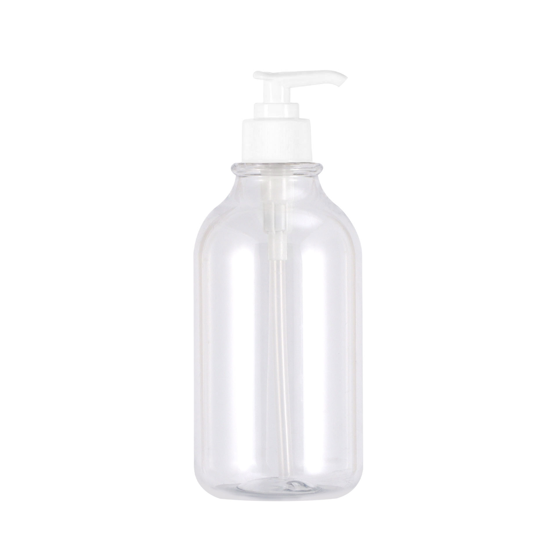 Botella de loción corporal de 300 ml en stock con hombros redondeados, botella dispensadora de plástico tipo pulsador para loción, botella de champú de PET de 500 ml.