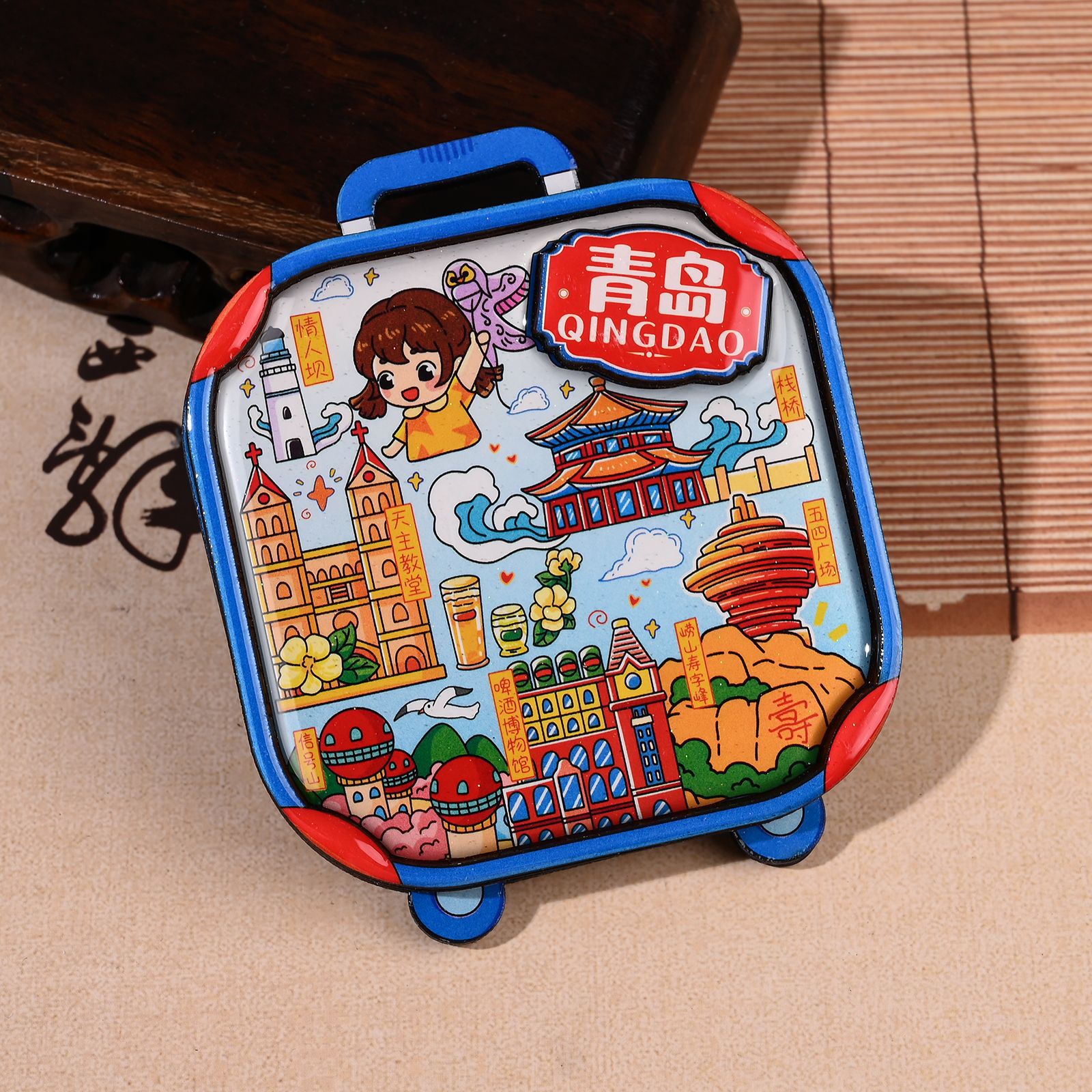 Refrigerador de Qingdao adhesivo de absorción magnética adhesivo de madera tridimensional ciudad creativa cocina regalos de turismo cultural creativo adhesivo de refrigerador recuerdos