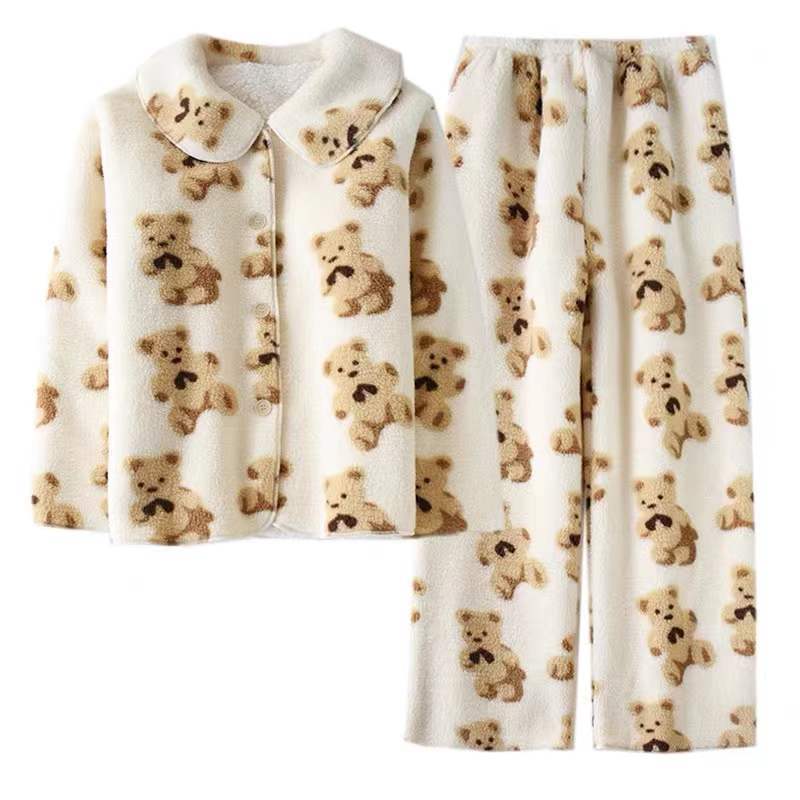 Autumn and Winter flannel pajamas women's fleece lined double-layer home wear suit lambswool lapel pajamas
