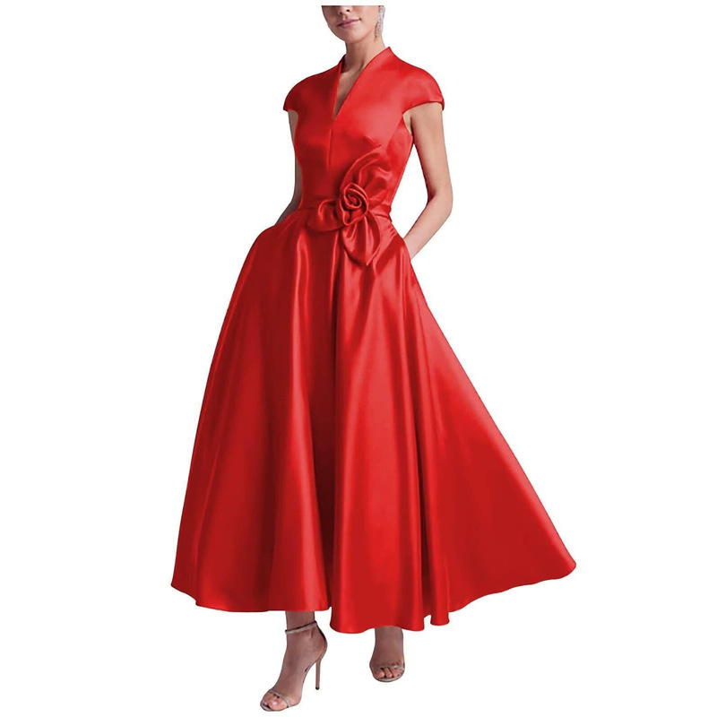 European and American cross-border evening dress for women with three-dimensional floral embellishments, mid-length dress for cocktail parties, annual meetings, hosting, weddings, and parties, elegant style European and American cross-border evening dress for women with three-dimensional floral embellishments, mid-length dress for cocktail parties, annual meetings, hosting, weddings, and parties, elegant style