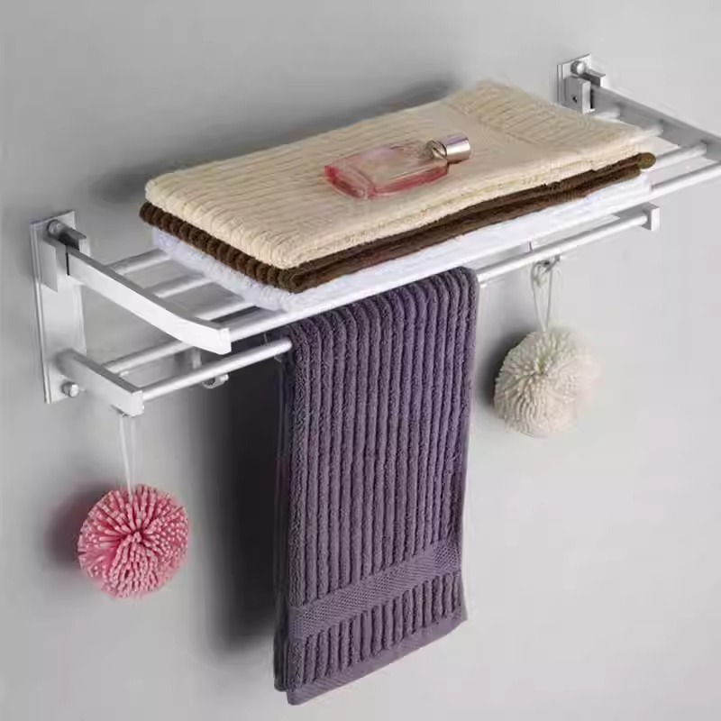Espacio de aluminio doble capa plegable toallas móviles estante de toallas de baño sin perforación estante de ingeniería al por mayor