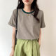Cotton T-shirt striped round neck loose short sleeve women's summer wear 2023 New ins careful machine color matching half sleeve top fashion