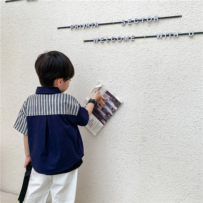 2021童装夏季新款韩版儿童条纹衬衫短袖男童帅气时尚拼色衬衣潮|ms