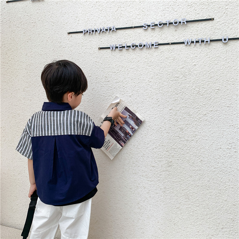 2021童装夏季新款韩版儿童条纹衬衫短袖男童帅气时尚拼色衬衣潮|ms