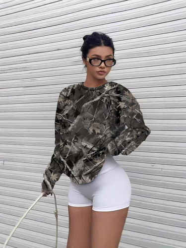 Spring and Autumn Camouflage Tree Branch Pattern Minimalist V-Neck Long-Sleeve Women's Sweatshirt Hot Item