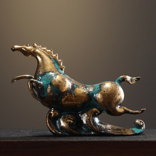 创意中式陶瓷天马摆件古铜彩金仿古客厅书房办公室桌面装饰摆设品