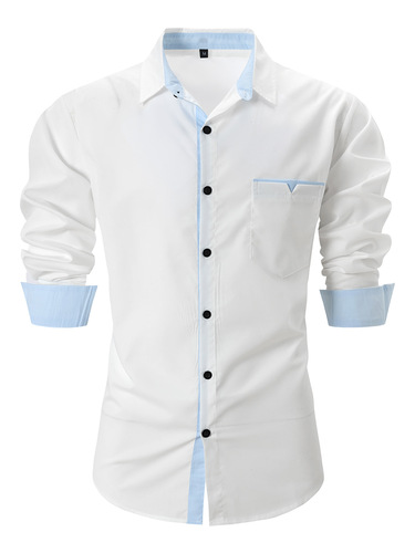 2025 Cross-border European and American-style Men's Fashion Spring/Summer Cotton Color-Block Pocket Lapel Slim-fit Casual Men's Long-sleeved Shirt