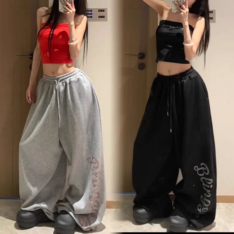 American-Style Design Spring and Autumn Rhinestone Drawstring Wide-Leg Sweatpants Unisex Loose Dance Casual Straight-Leg Floor-Length Pants