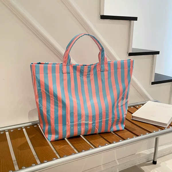 Pvc Striped Large-Capacity Tote Bag for Women, New Cross-Border Style, High-Value Handbag, Waterproof Commuter Portable Shoulder Bag