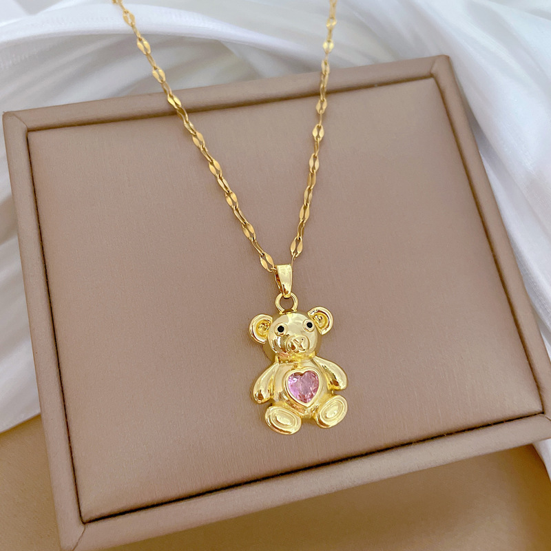 Gorgeous Pink Bear Necklace Full Diamond Luxury Temperament Chain_voghion.com