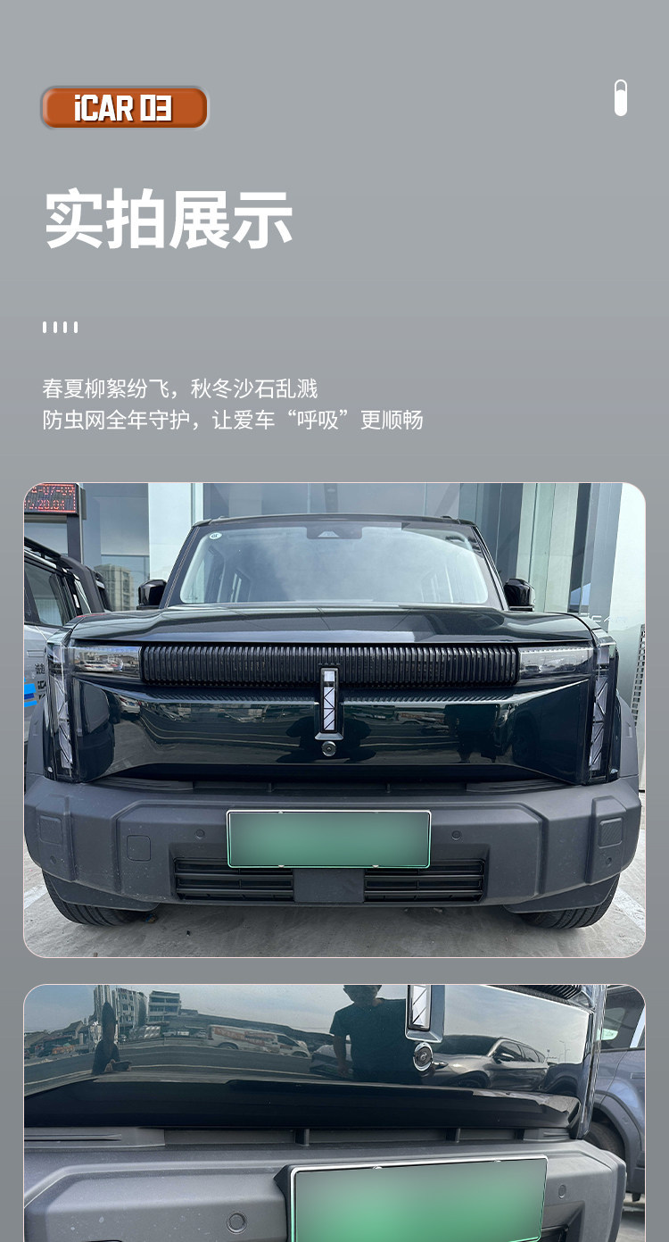 Chery ICAR03/03T anti-insect net modified for decorative front bumper grille, specialized dust and debris protection cover, exterior accessory