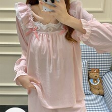 春秋季云朵棉睡衣女蕾丝蝴蝶结方领长袖长裤两件套可爱少女家居服