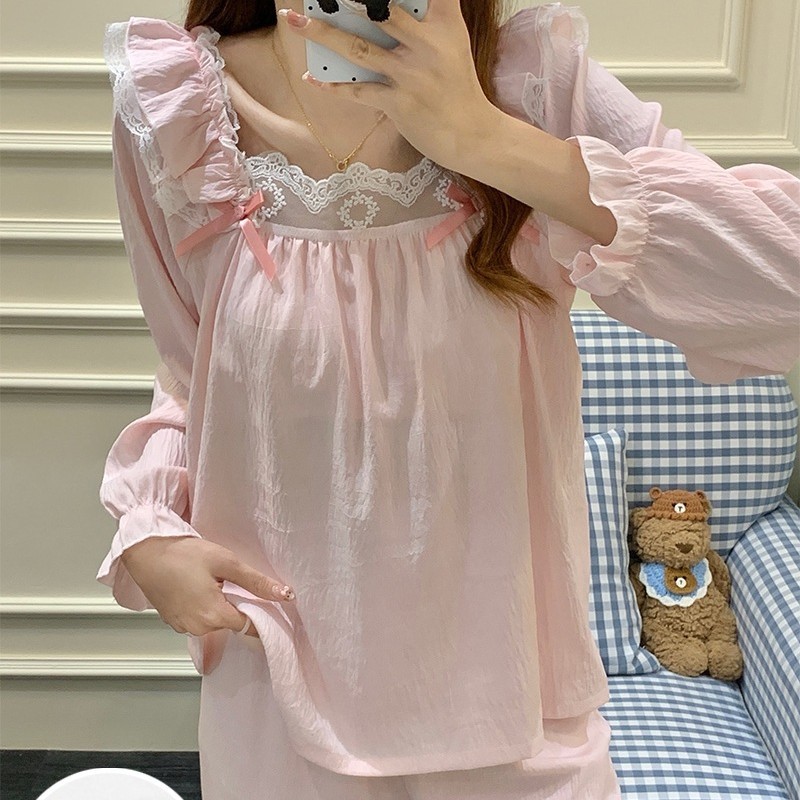 春秋季云朵棉睡衣女蕾丝蝴蝶结方领长袖长裤两件套可爱少女家居服