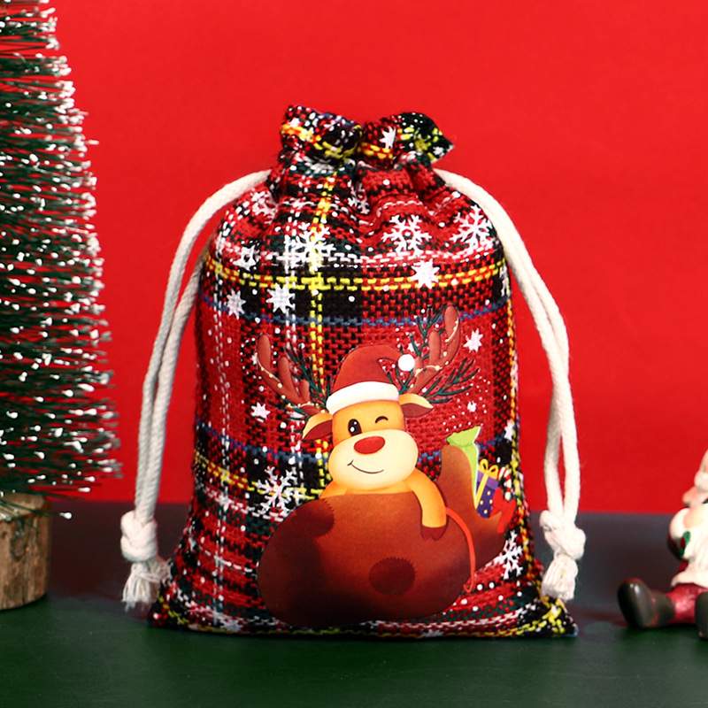 Bolsa de algodón a cuadros de Navidad con cordón Bolsa de embalaje de regalo de caramelo de Navidad Calendario de Adviento bolsa pequeña al por mayor