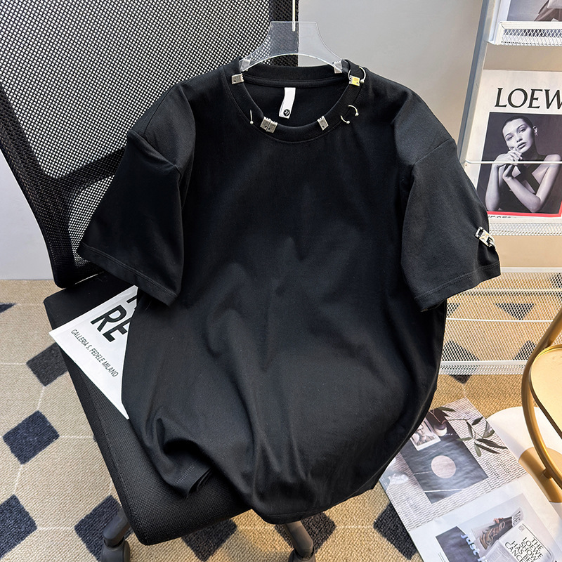 2025 Summer New Metal Perforated Washed Old Short Top Loose Men's and Women's Round Neck Short Sleeve T-Shirt