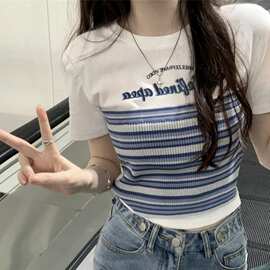 假两件针织条纹拼接印花正肩短袖t恤女夏修身显瘦高腰短款bm上衣