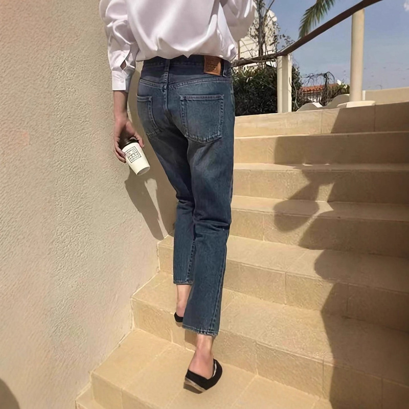 Ins Scandinavian Niche Totoriginal Classic Mid-High Waist Straight-Leg Twisted Seam Jeans Washed Casual Pants