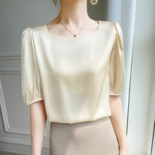 气质中袖上衣女钻石领醋酸夏季新款桃心领泡泡袖套头短袖衬衫宽松
