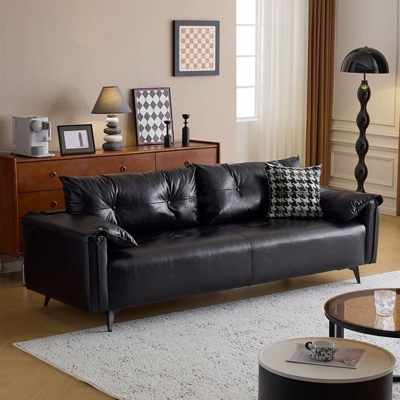 Retro Leather Art Black Sofa Small Apartment Living Room Leisure Minimalist Office Reception Oil Wax Leather Double or Three Person Sofa