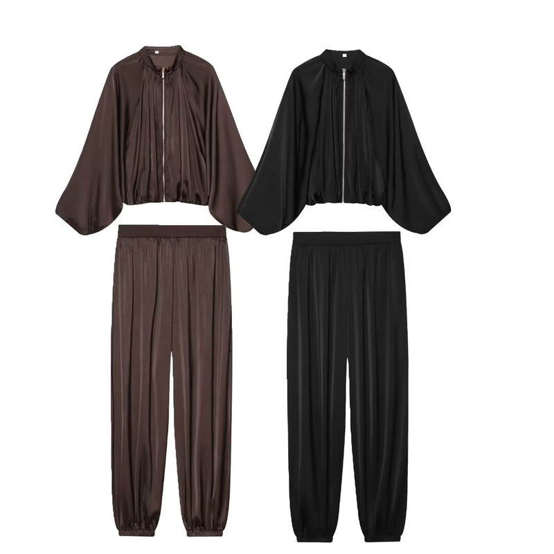 Foreign Trade Wholesale 2026 New Satin Puff Sleeve Bomber Jacket 4387175 Lantern Pants 4387075 Set