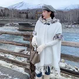加厚秋冬针织披肩新疆民族新款连帽旅行流苏旅游拍照斗篷披风加绒