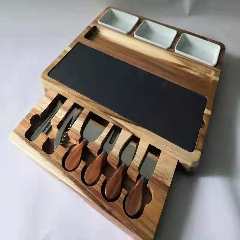 Tabla de quesos, venta caliente transfronteriza con bandeja con cajón, juego de cuchillos, tabla de cortar de bambú, juego de tablas de cortar de queso para el hogar, listo para usar