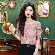 夏季短袖女士碎花雪纺衫妈妈减龄荷叶边半袖宽松上衣高端2025新款