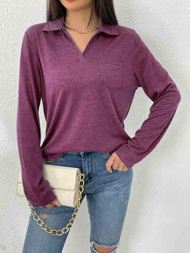 International Foreign Trade Amazon Independent Store Women's Spring and Autumn New Long Sleeve Simple Solid Color Collar Loose Pocket T-Shirt